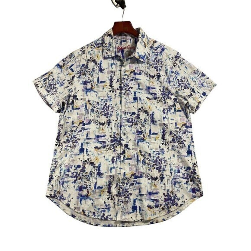 Robert Graham Shirt Mens L Blue Short Sleeve Flip Cuff Classic Fit Shirt